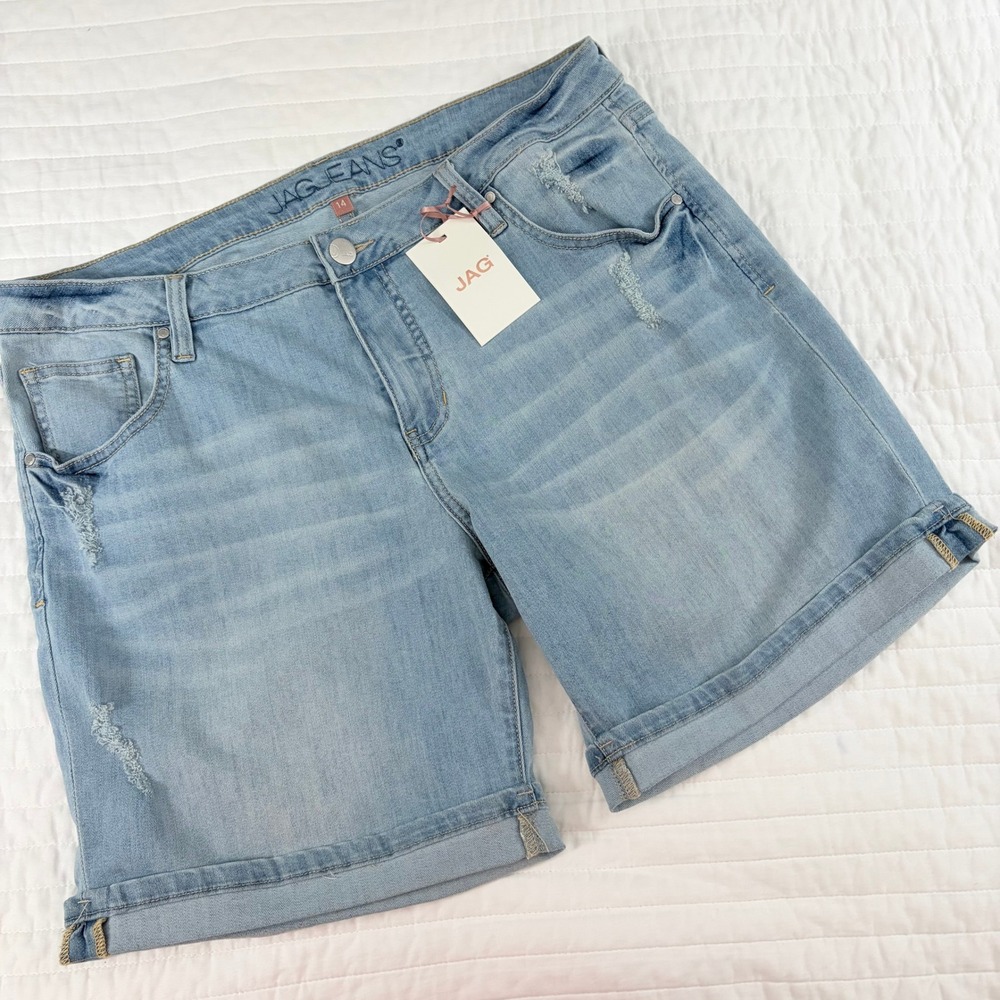 Jag Light Distressed Light Wash Cuffed Hem High Rise Denim Shorts Women 14 NWT